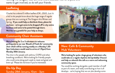 Image of Gregson Volunteer Newsletter dated Jan 2023 - a colourful document with news on the latest volunteering opportunities