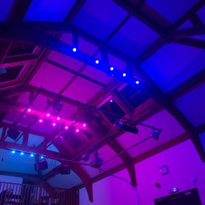 Multi coloured ceiling lights in the main hall at the Gregson