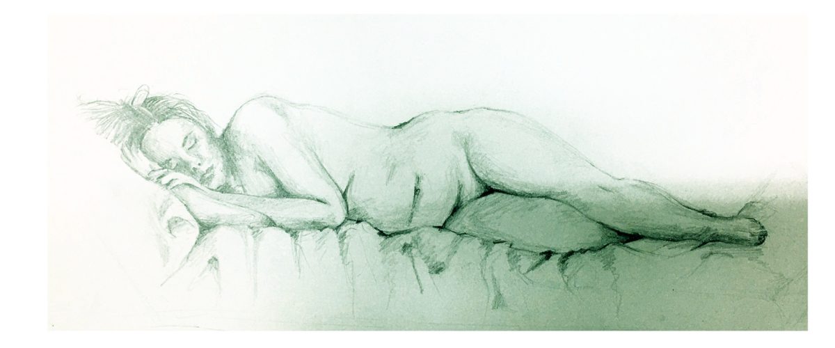 A pencil portrait of a life model lying on a bed
