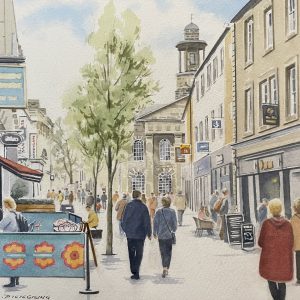 A watercolour of Lancaster town centre - Market street - by Colin Pickering