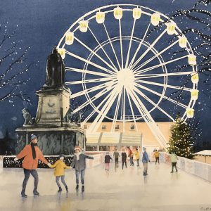 A watercolour of Dalton Square in the Winter - with Ferris wheel and Ice rink - by Colin Pickering