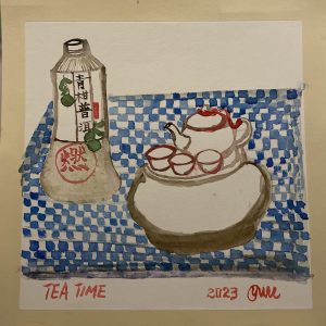 A watercolour of a chinese teapot on a tablecloth