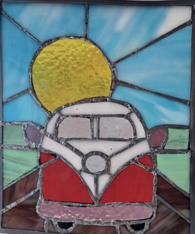 Stained glass panel with vw camper